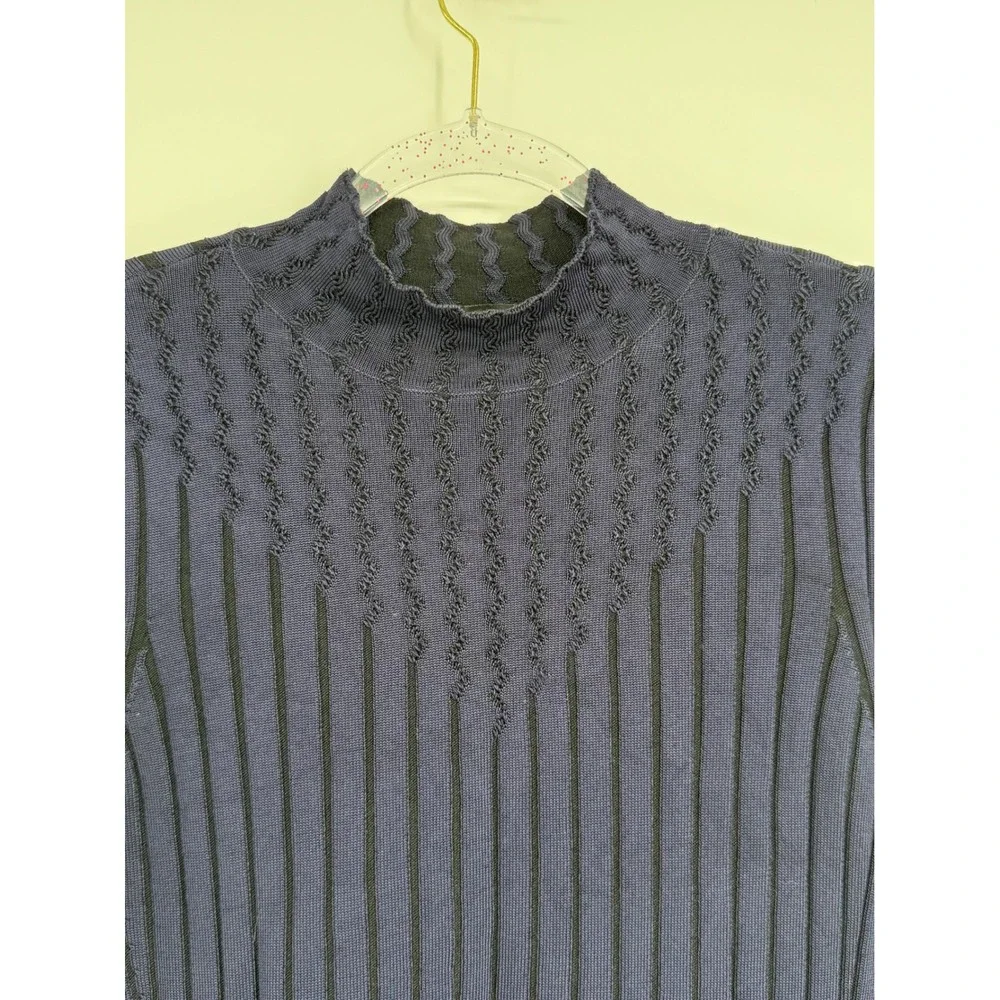 White House Black Market Navy Blue Ribbed Mock Neck Chevron Stripe Sweater Sz L